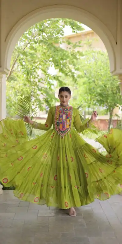 KA 1267 Green in Colour Faux Georgette Bandhani Print Work Gown. Available at ₹1919 only. Delivery 4-6 Working Days. Shop now. | Bollywood Gowns, Creative Gowns, Designer Gowns, Embroidered Gowns, Gowns, Party Wear Gowns