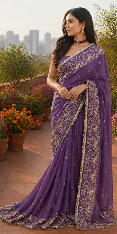 BT 446 Lavender Star Georgette Saree with Lace Work & Embroidery Work. Festive Deal ₹1799. Delivery 4-6 Working Days. Shop now. | Bollywood Sarees, Creative Sarees, Designer Sarees, Embroidered Sarees, Ethnic Saree, Modern Digital sarees, Party Wear Sarees, Sarees