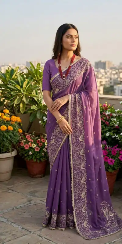 BT 446 Lavender Star Georgette Saree with Lace Work & Embroidery Work. Festive Deal ₹1799. Delivery 4-6 Working Days. Shop now. | Bollywood Sarees, Creative Sarees, Designer Sarees, Embroidered Sarees, Ethnic Saree, Modern Digital sarees, Party Wear Sarees, Sarees