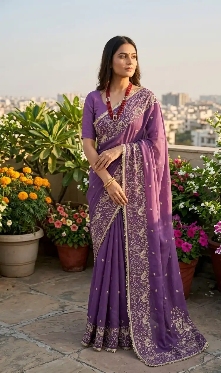 BT 446 Lavender Star Georgette Saree with Lace Work & Embroidery Work. Festive Deal ₹1799. Delivery 4-6 Working Days. Shop now. | Bollywood Sarees, Creative Sarees, Designer Sarees, Embroidered Sarees, Ethnic Saree, Modern Digital sarees, Party Wear Sarees, Sarees