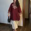MF 1000 Maroon Colour Rayon Cotton Kurti with Embroidery Work. Introductory Price ₹1449. Delivery 4-6 Working Days. Shop now. | Bollywood Kurti, Creative Kurtis, Designer Kurti, Kurti, Party Wear Kurti, Selfie Kurti
