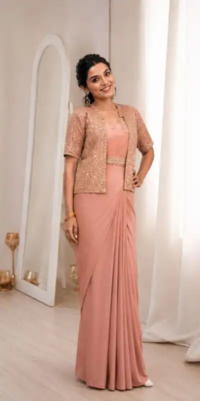 BB 72 Peach Crap Silk Saree with Sequins Work & Embroidery Work. Festive Deal ₹2399. Delivery 4-6 Working Days. Shop now. | Bollywood Sarees, Creative Sarees, Designer Sarees, Embroidered Sarees, Ethnic Saree, Modern Digital sarees, Party Wear Sarees, Sarees