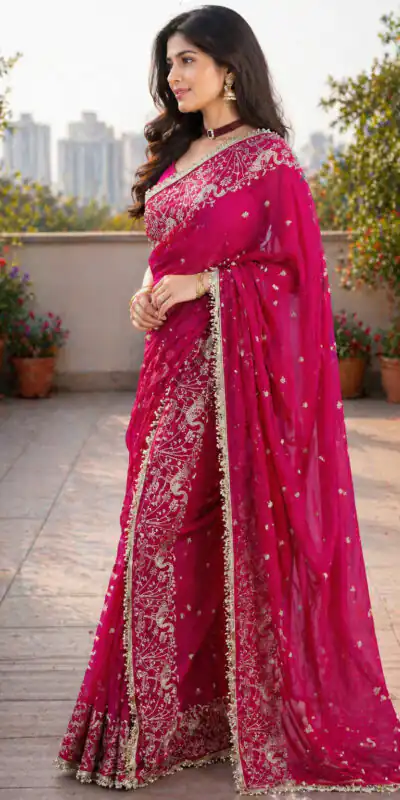 BT 446 Pink Star Georgette Saree with Lace Work & Embroidery Work. Festive Deal ₹1799. Delivery 4-6 Working Days. Shop now. | Bollywood Sarees, Creative Sarees, Designer Sarees, Embroidered Sarees, Ethnic Saree, Modern Digital sarees, Party Wear Sarees, Sarees
