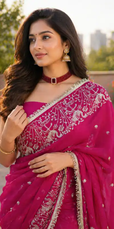 BT 446 Pink Star Georgette Saree with Lace Work & Embroidery Work. Festive Deal ₹1799. Delivery 4-6 Working Days. Shop now. | Bollywood Sarees, Creative Sarees, Designer Sarees, Embroidered Sarees, Ethnic Saree, Modern Digital sarees, Party Wear Sarees, Sarees