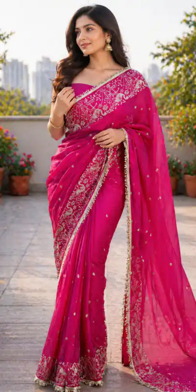 BT 446 Pink Star Georgette Saree with Lace Work & Embroidery Work. Festive Deal ₹1799. Delivery 4-6 Working Days. Shop now. | Bollywood Sarees, Creative Sarees, Designer Sarees, Embroidered Sarees, Ethnic Saree, Modern Digital sarees, Party Wear Sarees, Sarees