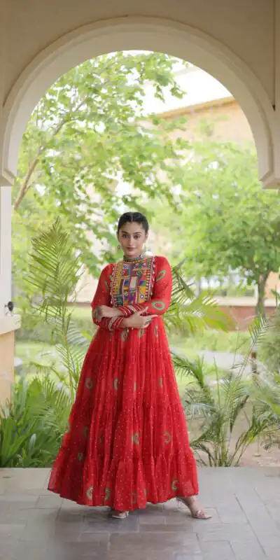 KA 1267 Red in Colour Faux Georgette Bandhani Print Work Gown. Available at ₹1919 only. Delivery 4-6 Working Days. Shop now. | Bollywood Gowns, Creative Gowns, Designer Gowns, Embroidered Gowns, Gowns, Party Wear Gowns