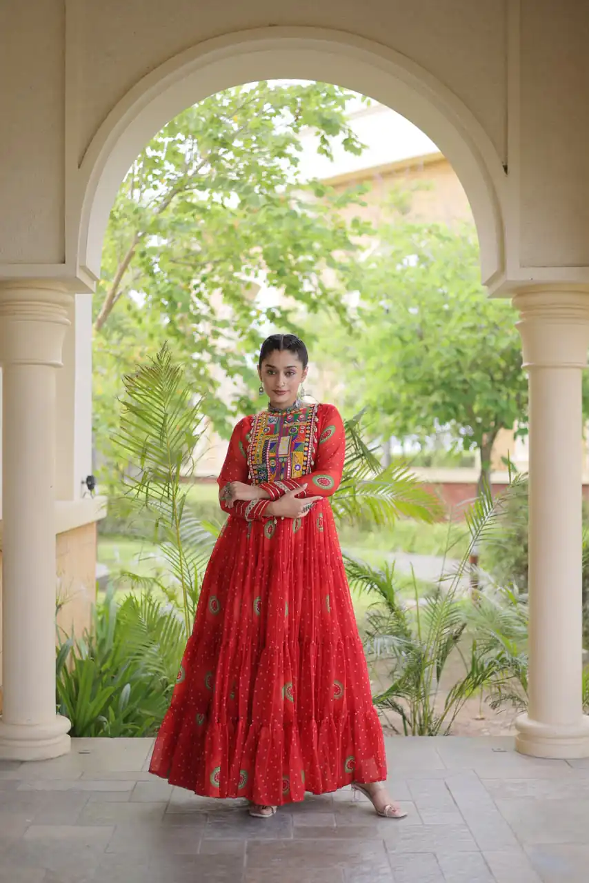 KA 1267 Red in Colour Faux Georgette Bandhani Print Work Gown. Available at ₹1919 only. Delivery 4-6 Working Days. Shop now. | Bollywood Gowns, Creative Gowns, Designer Gowns, Embroidered Gowns, Gowns, Party Wear Gowns