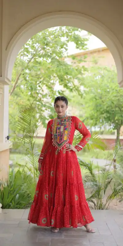 KA 1267 Red in Colour Faux Georgette Bandhani Print Work Gown. Available at ₹1919 only. Delivery 4-6 Working Days. Shop now. | Bollywood Gowns, Creative Gowns, Designer Gowns, Embroidered Gowns, Gowns, Party Wear Gowns