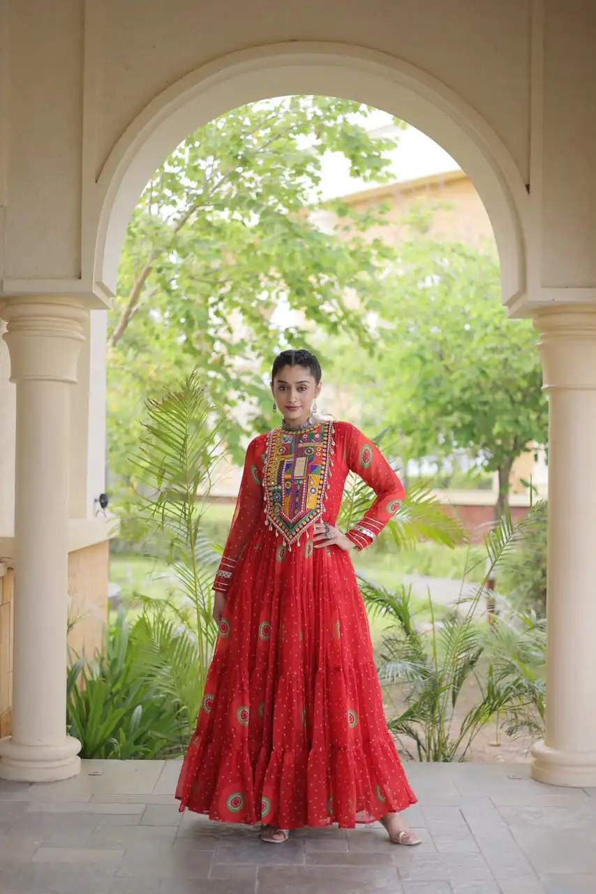 KA 1267 Red in Colour Faux Georgette Bandhani Print Work Gown. Available at ₹1919 only. Delivery 4-6 Working Days. Shop now. | Bollywood Gowns, Creative Gowns, Designer Gowns, Embroidered Gowns, Gowns, Party Wear Gowns