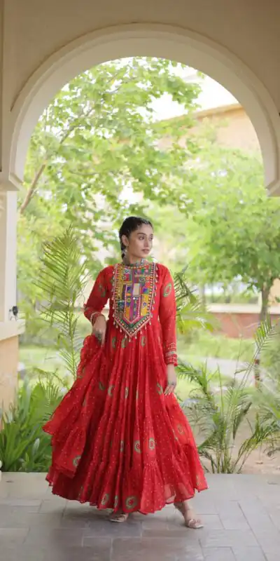 KA 1267 Red in Colour Faux Georgette Bandhani Print Work Gown. Available at ₹1919 only. Delivery 4-6 Working Days. Shop now. | Bollywood Gowns, Creative Gowns, Designer Gowns, Embroidered Gowns, Gowns, Party Wear Gowns