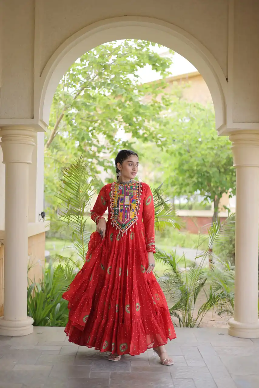 KA 1267 Red in Colour Faux Georgette Bandhani Print Work Gown. Available at ₹1919 only. Delivery 4-6 Working Days. Shop now. | Bollywood Gowns, Creative Gowns, Designer Gowns, Embroidered Gowns, Gowns, Party Wear Gowns