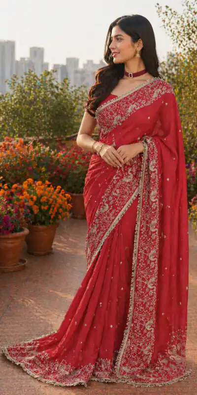 BT 446 Red Star Georgette Saree with Lace Work & Embroidery Work. Festive Deal ₹1799. Delivery 4-6 Working Days. Shop now. | Bollywood Sarees, Creative Sarees, Designer Sarees, Embroidered Sarees, Ethnic Saree, Modern Digital sarees, Party Wear Sarees, Sarees