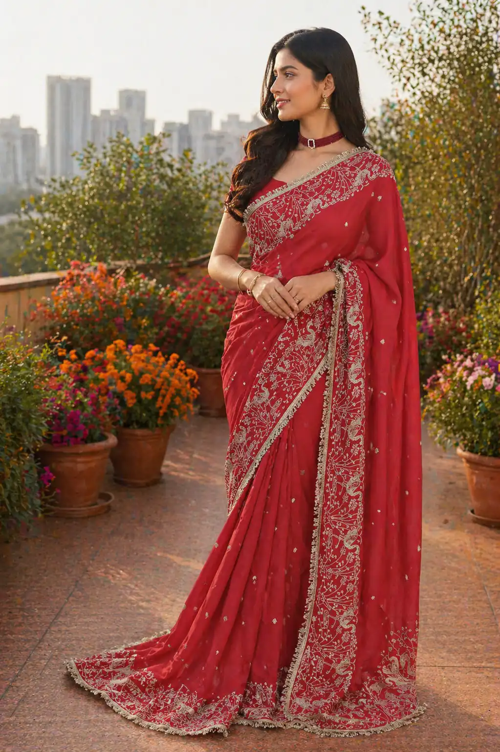 BT 446 Red Star Georgette Saree with Lace Work & Embroidery Work. Festive Deal ₹1799. Delivery 4-6 Working Days. Shop now. | Bollywood Sarees, Creative Sarees, Designer Sarees, Embroidered Sarees, Ethnic Saree, Modern Digital sarees, Party Wear Sarees, Sarees