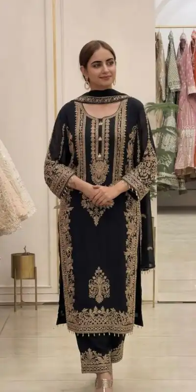SR 1716 Black Colour Faux Georgette Salwar Suit with Lace Work. Introductory Price ₹2449. Delivery 4-6 Working Days. Shop now. | Jump Suits, Straight Suits, Casual Suits, Creative suits, Designer Suits, Palazzo Suits, Party Wear Suits, Patiala Suits, Salwar suit