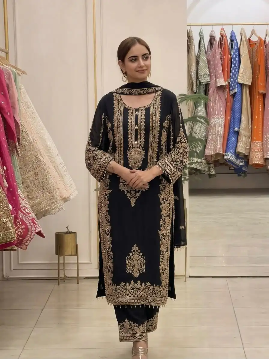 SR 1716 Black Colour Faux Georgette Salwar Suit with Lace Work. Introductory Price ₹2449. Delivery 4-6 Working Days. Shop now. | Jump Suits, Straight Suits, Casual Suits, Creative suits, Designer Suits, Palazzo Suits, Party Wear Suits, Patiala Suits, Salwar suit