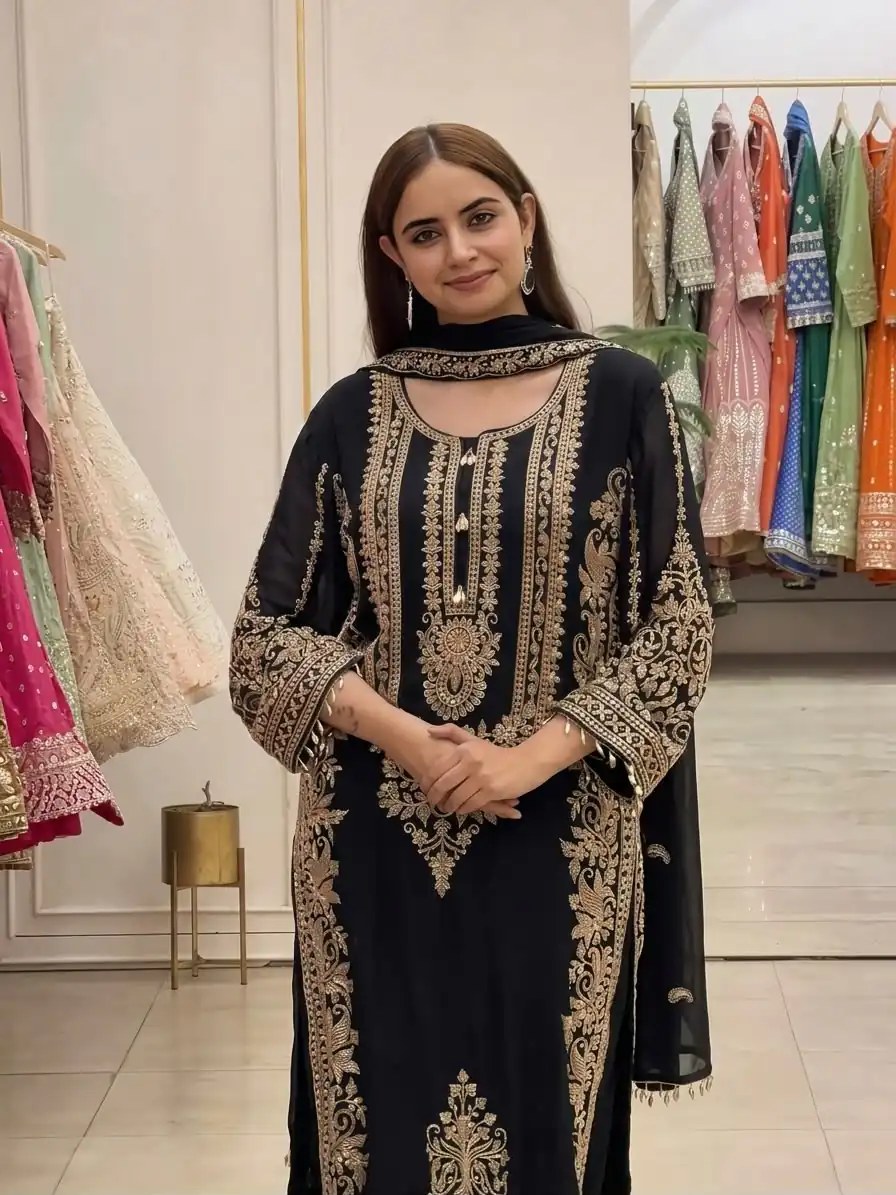 SR 1716 Black Colour Faux Georgette Salwar Suit with Lace Work. Introductory Price ₹2449. Delivery 4-6 Working Days. Shop now. | Jump Suits, Straight Suits, Casual Suits, Creative suits, Designer Suits, Palazzo Suits, Party Wear Suits, Patiala Suits, Salwar suit