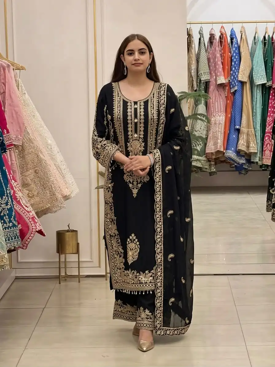 SR 1716 Black Colour Faux Georgette Salwar Suit with Lace Work. Introductory Price ₹2449. Delivery 4-6 Working Days. Shop now. | Jump Suits, Straight Suits, Casual Suits, Creative suits, Designer Suits, Palazzo Suits, Party Wear Suits, Patiala Suits, Salwar suit