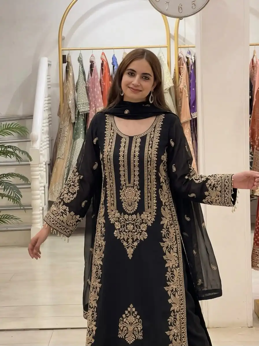 SR 1716 Black Colour Faux Georgette Salwar Suit with Lace Work. Introductory Price ₹2449. Delivery 4-6 Working Days. Shop now. | Jump Suits, Straight Suits, Casual Suits, Creative suits, Designer Suits, Palazzo Suits, Party Wear Suits, Patiala Suits, Salwar suit