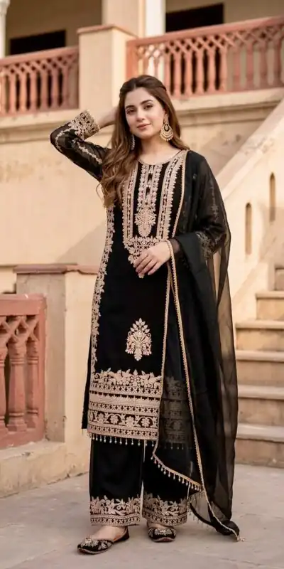 ST 247 Black | Black Faux Georgette Salwar Suit with Lace Work. Introductory Price ₹2449. Delivery 4-6 Working Days. Shop now. | Jump Suits, Straight Suits, Casual Suits, Creative suits, Designer Suits, Palazzo Suits, Party Wear Suits, Patiala Suits, Salwar suit