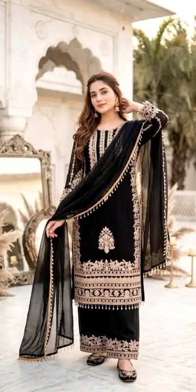 ST 247 Black | Black Faux Georgette Salwar Suit with Lace Work. Introductory Price ₹2449. Delivery 4-6 Working Days. Shop now. | Jump Suits, Straight Suits, Casual Suits, Creative suits, Designer Suits, Palazzo Suits, Party Wear Suits, Patiala Suits, Salwar suit