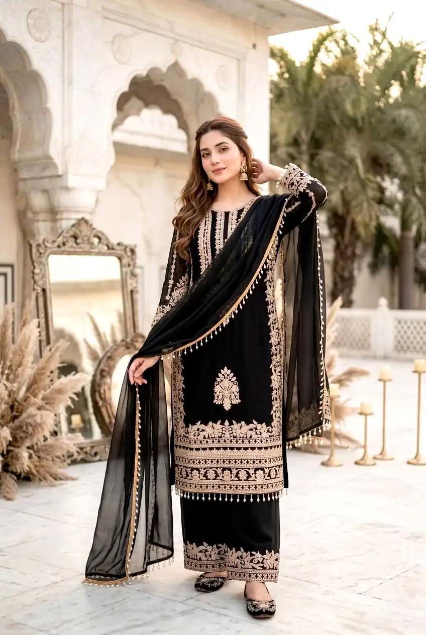 ST 247 Black | Black Faux Georgette Salwar Suit with Lace Work. Introductory Price ₹2449. Delivery 4-6 Working Days. Shop now. | Jump Suits, Straight Suits, Casual Suits, Creative suits, Designer Suits, Palazzo Suits, Party Wear Suits, Patiala Suits, Salwar suit