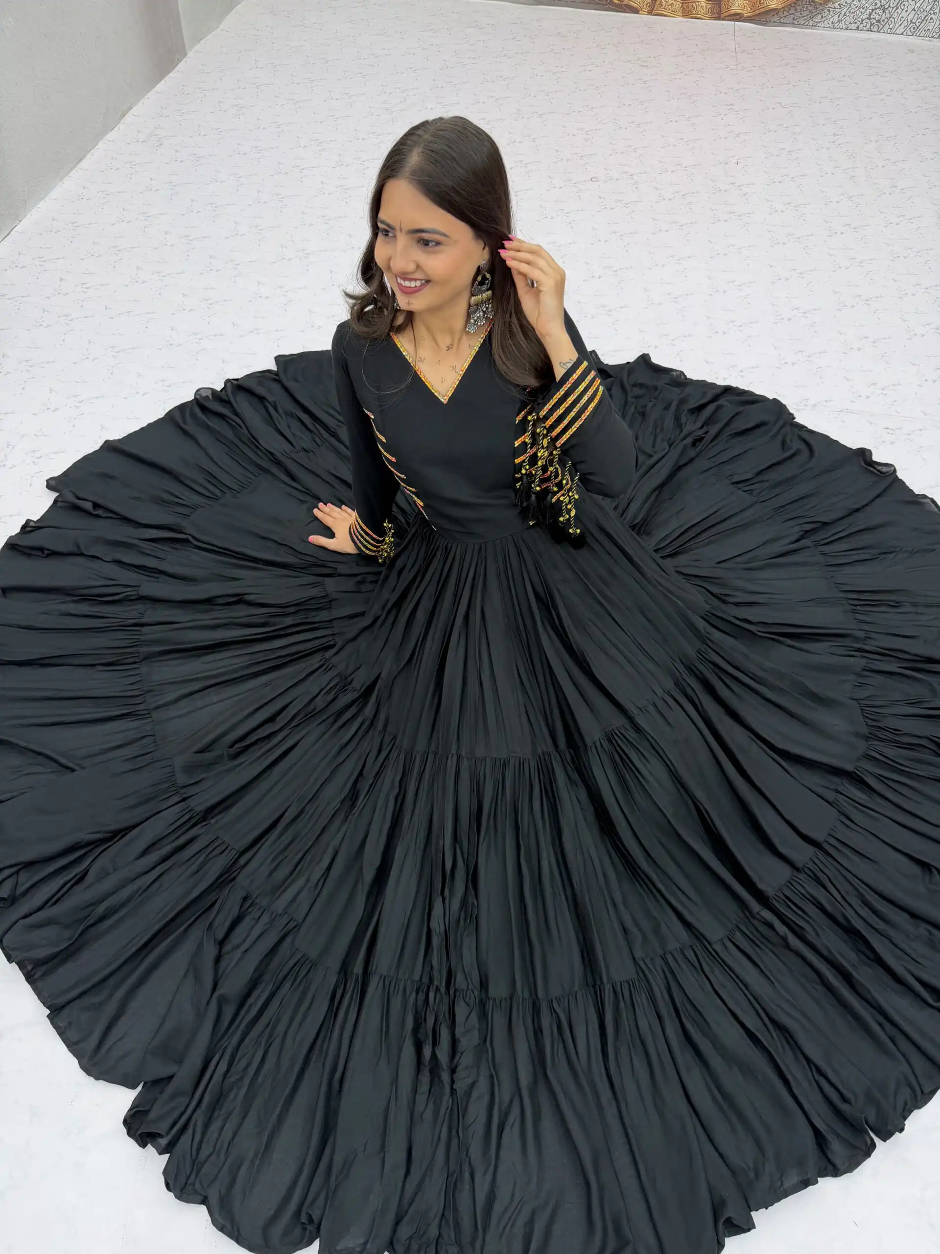 PC 590 Black in Color Pure Cotton ace Work Gown . Wedding, Party, Festive, Events Get it for ₹2449. Delivery 4-6 Working Days. Best Online Shop now. | Bollywood Gowns, Creative Gowns, Designer Gowns, Embroidered Gowns, Gowns, Party Wear Gowns