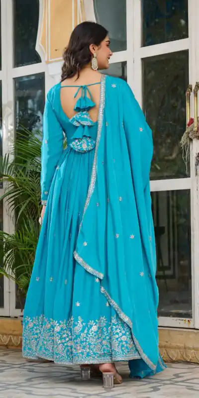 SP 08 Blue Color American Silk Gown with Designer Work. Exclusive Offer ₹2149. Delivery 4-6 Working Days. Online Shop now. | Bollywood Gowns, Creative Gowns, Designer Gowns, Embroidered Gowns, Gowns, Party Wear Gowns