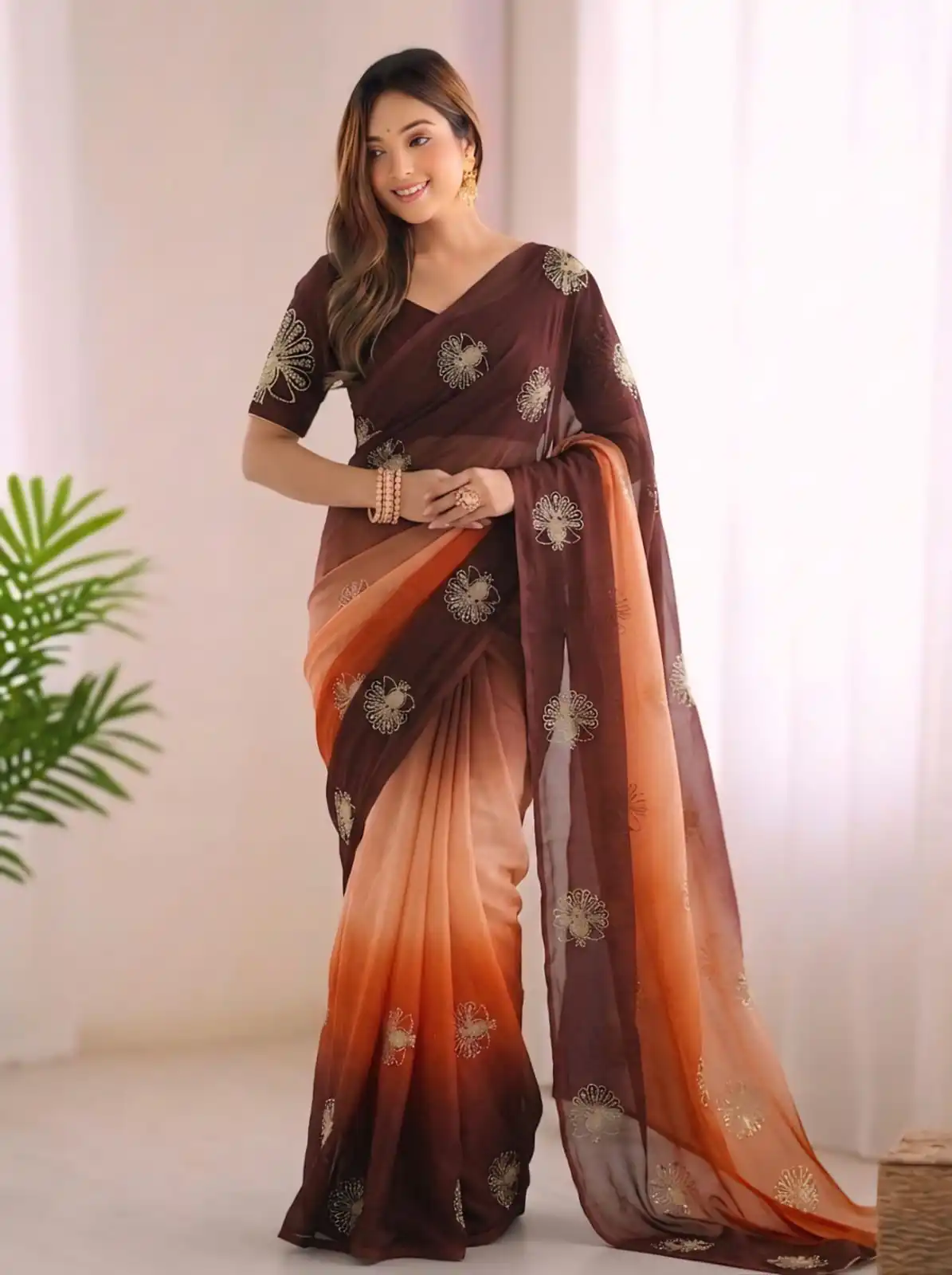SC 1052 Brown Fendy Silk Saree Perfect for Wedding, Party, Baby Shower, Pongal, Housewarming – . Available at ₹1799 only. Delivery 4-6 Working Days. | Bollywood Sarees, Creative Sarees, Designer Sarees, Embroidered Sarees, Ethnic Saree, Modern Digital sarees, Party Wear Sarees, Sarees