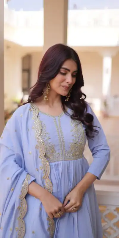 KA 1241 Lavender Roman Silk Gown. Perfect for Wedding, Party, Traditional Day, Sangeet, Pongal – Exclusive Offer ₹2599. Delivery 4-6 Working Days. Shop now | Bollywood Gowns, Creative Gowns, Designer Gowns, Embroidered Gowns, Gowns, Party Wear Gowns