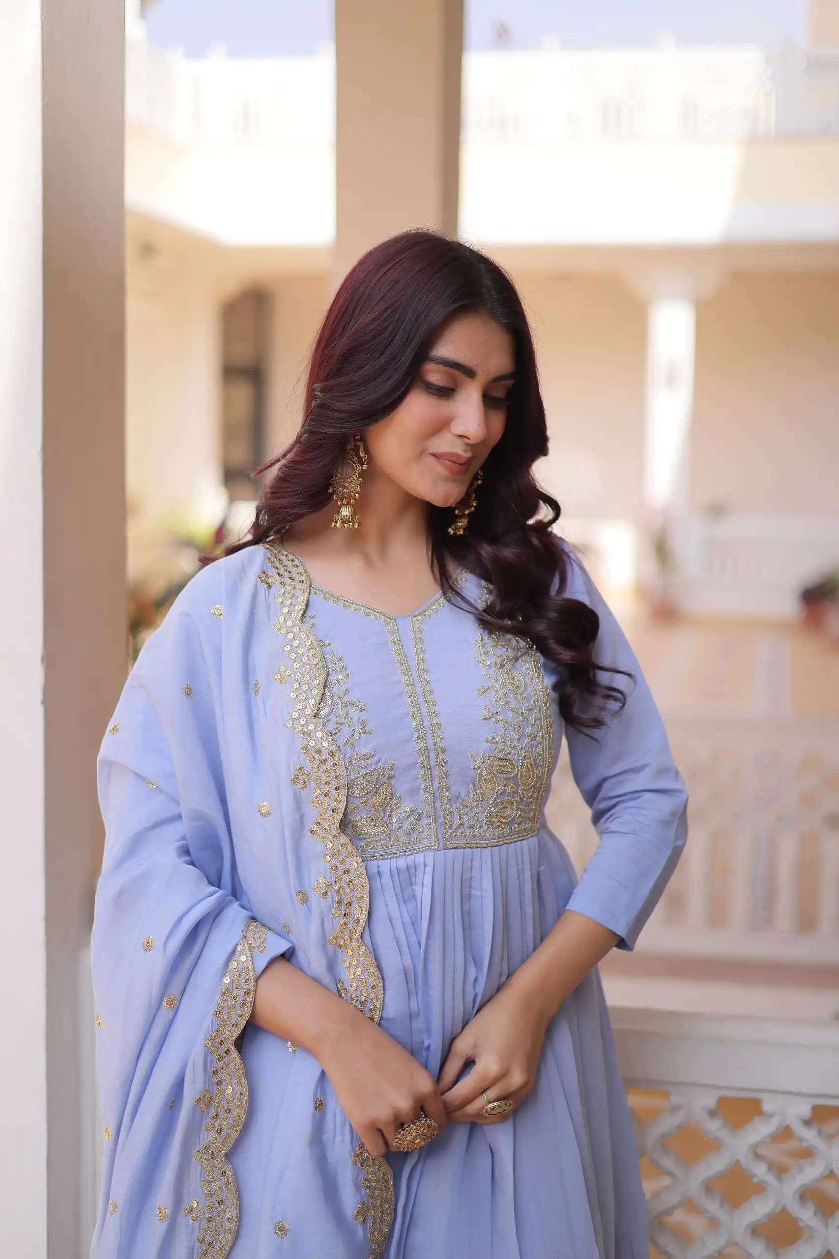 KA 1241 Lavender Roman Silk Gown. Perfect for Wedding, Party, Traditional Day, Sangeet, Pongal – Exclusive Offer ₹2599. Delivery 4-6 Working Days. Shop now | Bollywood Gowns, Creative Gowns, Designer Gowns, Embroidered Gowns, Gowns, Party Wear Gowns
