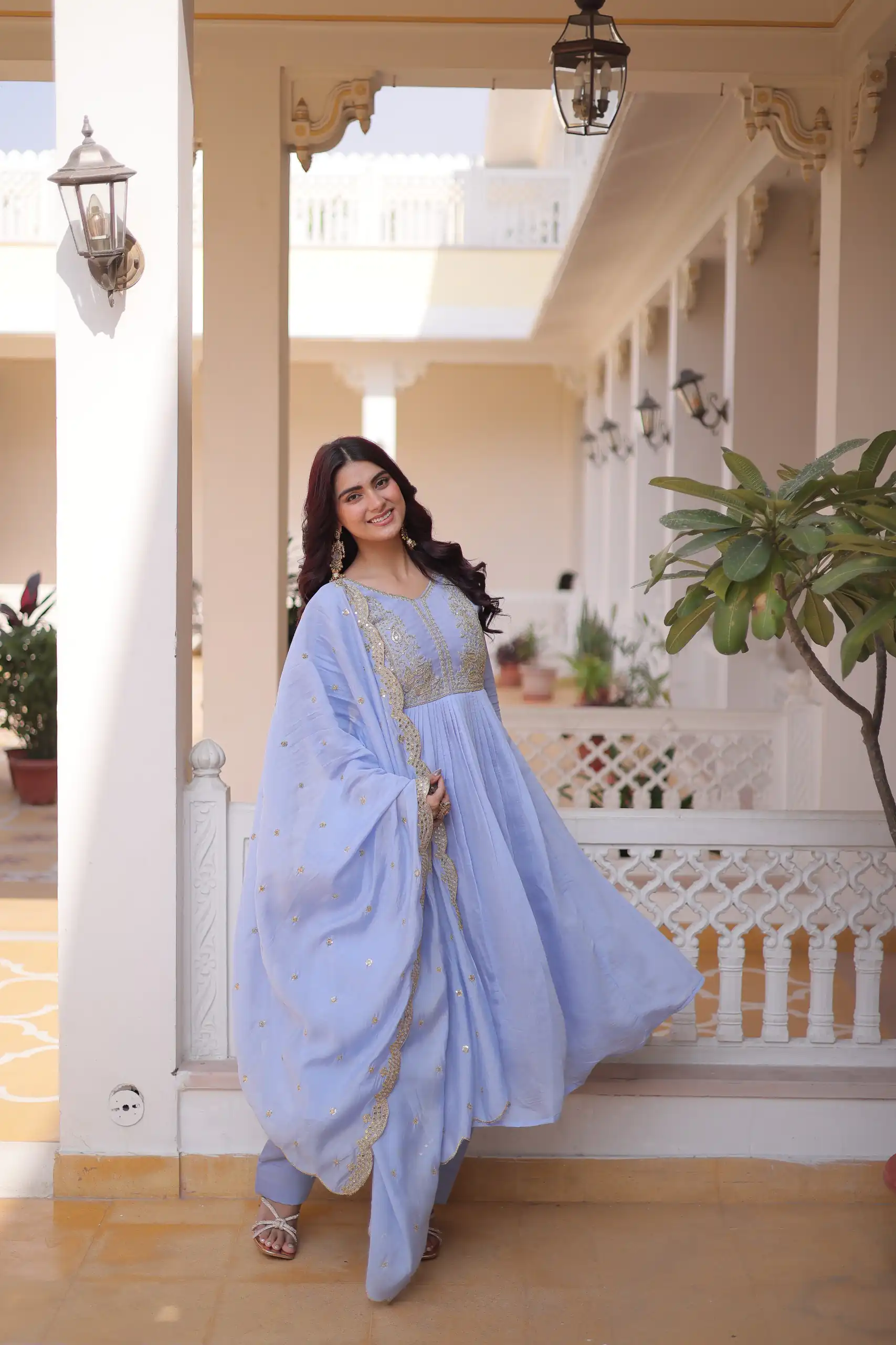 KA 1241 Lavender Roman Silk Gown. Perfect for Wedding, Party, Traditional Day, Sangeet, Pongal – Exclusive Offer ₹2599. Delivery 4-6 Working Days. Shop now | Bollywood Gowns, Creative Gowns, Designer Gowns, Embroidered Gowns, Gowns, Party Wear Gowns