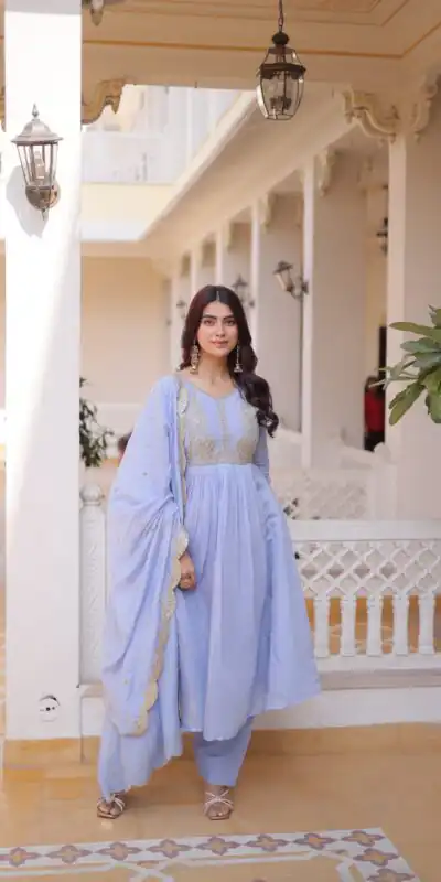 KA 1241 Lavender Roman Silk Gown. Perfect for Wedding, Party, Traditional Day, Sangeet, Pongal – Exclusive Offer ₹2599. Delivery 4-6 Working Days. Shop now | Bollywood Gowns, Creative Gowns, Designer Gowns, Embroidered Gowns, Gowns, Party Wear Gowns