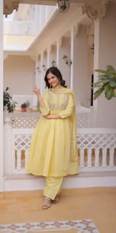 KA 1241 Lemon Yellow Roman Silk Gown. Perfect for Wedding, Party, Traditional Day, Sangeet, – Exclusive Offer ₹2599. Delivery 4-6 Working Days. Shop now | Bollywood Gowns, Creative Gowns, Designer Gowns, Embroidered Gowns, Gowns, Party Wear Gowns