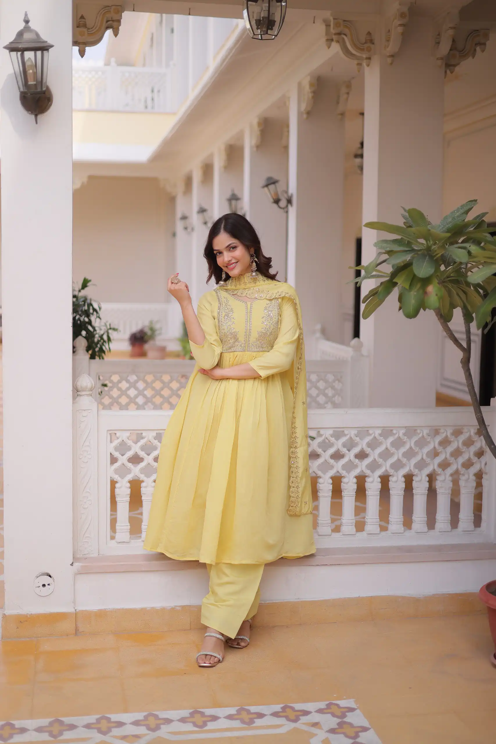 KA 1241 Lemon Yellow Roman Silk Gown. Perfect for Wedding, Party, Traditional Day, Sangeet, – Exclusive Offer ₹2599. Delivery 4-6 Working Days. Shop now | Bollywood Gowns, Creative Gowns, Designer Gowns, Embroidered Gowns, Gowns, Party Wear Gowns