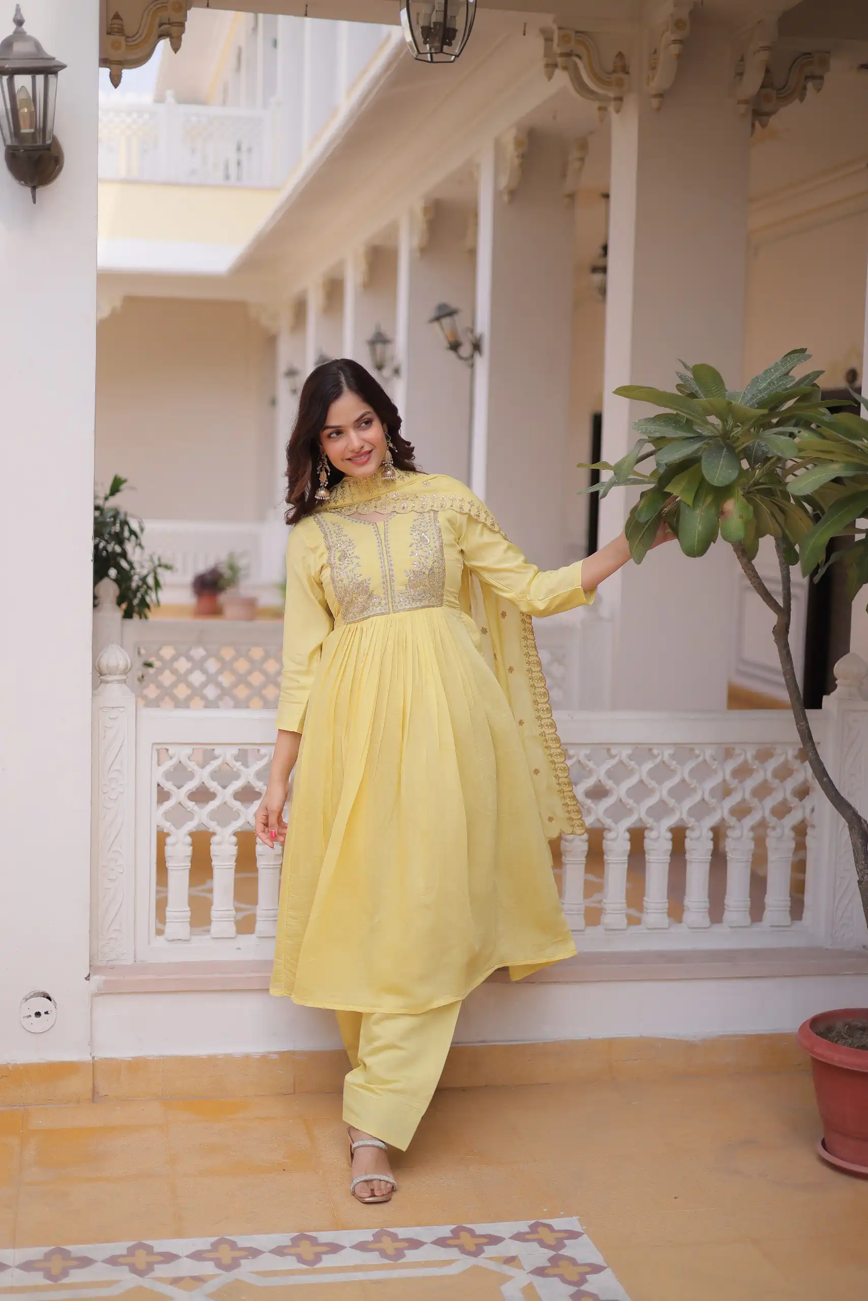 KA 1241 Lemon Yellow Roman Silk Gown. Perfect for Wedding, Party, Traditional Day, Sangeet, – Exclusive Offer ₹2599. Delivery 4-6 Working Days. Shop now | Bollywood Gowns, Creative Gowns, Designer Gowns, Embroidered Gowns, Gowns, Party Wear Gowns