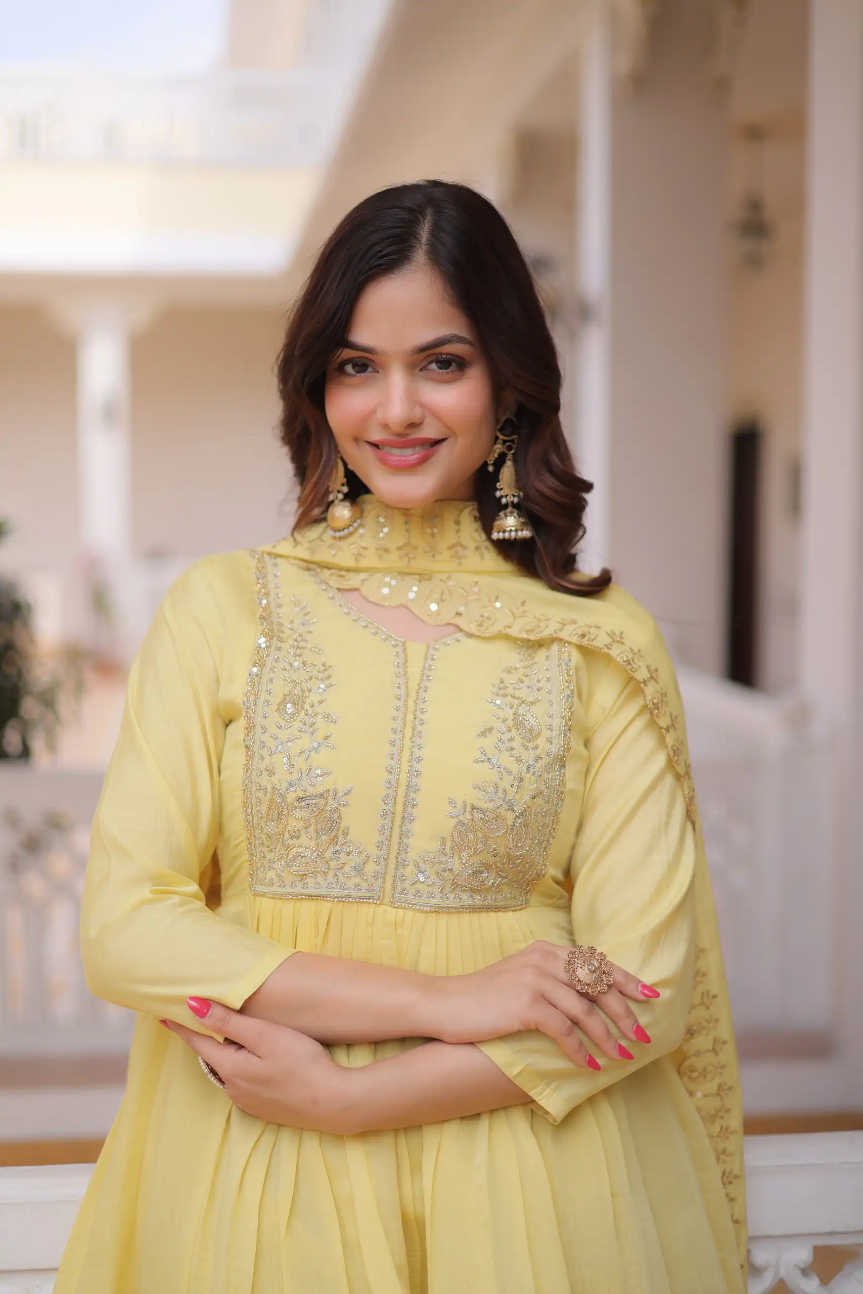 KA 1241 Lemon Yellow Roman Silk Gown. Perfect for Wedding, Party, Traditional Day, Sangeet, – Exclusive Offer ₹2599. Delivery 4-6 Working Days. Shop now | Bollywood Gowns, Creative Gowns, Designer Gowns, Embroidered Gowns, Gowns, Party Wear Gowns