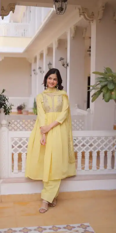 KA 1241 Lemon Yellow Roman Silk Gown. Perfect for Wedding, Party, Traditional Day, Sangeet, – Exclusive Offer ₹2599. Delivery 4-6 Working Days. Shop now | Bollywood Gowns, Creative Gowns, Designer Gowns, Embroidered Gowns, Gowns, Party Wear Gowns