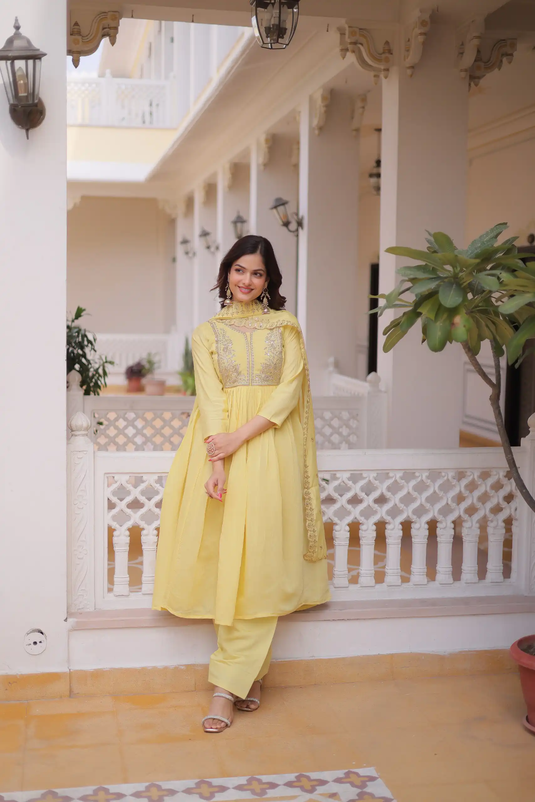 KA 1241 Lemon Yellow Roman Silk Gown. Perfect for Wedding, Party, Traditional Day, Sangeet, – Exclusive Offer ₹2599. Delivery 4-6 Working Days. Shop now | Bollywood Gowns, Creative Gowns, Designer Gowns, Embroidered Gowns, Gowns, Party Wear Gowns