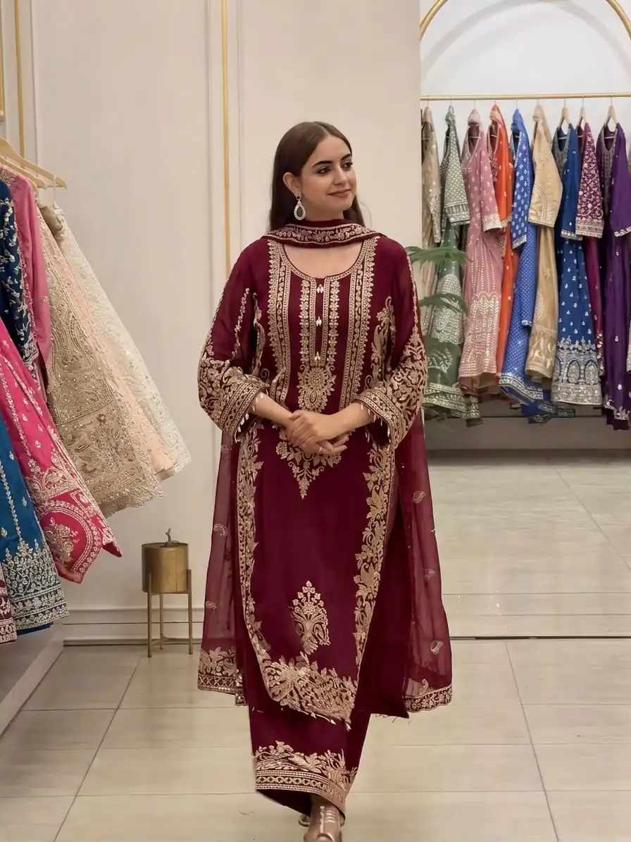 SR 1716 Maroon Colour Faux Georgette Salwar Suit with Lace Work. Introductory Price ₹2449. Delivery 4-6 Working Days. Shop now. | Jump Suits, Straight Suits, Casual Suits, Creative suits, Designer Suits, Palazzo Suits, Party Wear Suits, Patiala Suits, Salwar suit