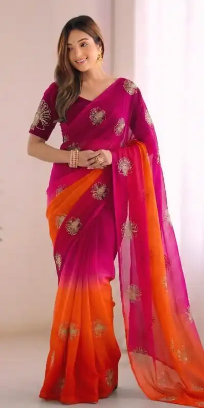 SC 1052 Orange Fendy Silk Saree Perfect for Wedding, Party, Baby Shower, Pongal, Housewarming – . Available at ₹1799 only. Delivery 4-6 Working Days. | Bollywood Sarees, Creative Sarees, Designer Sarees, Embroidered Sarees, Ethnic Saree, Modern Digital sarees, Party Wear Sarees, Sarees