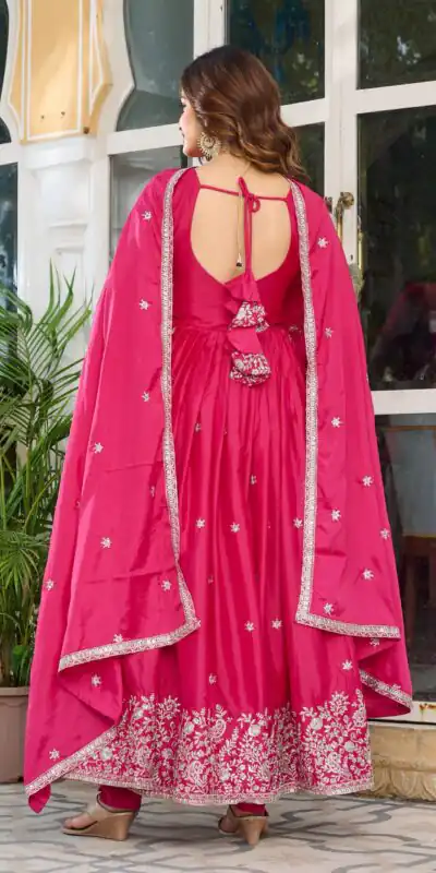 SP 08 Pink Color American Silk Gown with Designer Work. Exclusive Offer ₹2149. Delivery 4-6 Working Days. Online Shop now. | Bollywood Gowns, Creative Gowns, Designer Gowns, Embroidered Gowns, Gowns, Party Wear Gowns