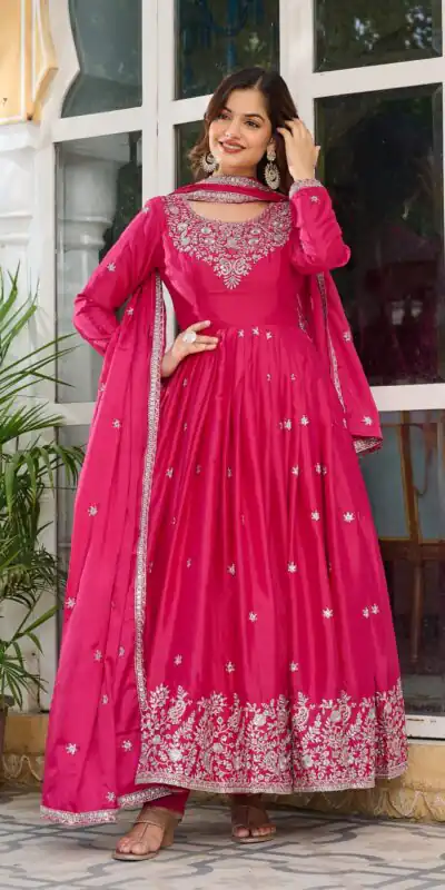 SP 08 Pink Color American Silk Gown with Designer Work. Exclusive Offer ₹2149. Delivery 4-6 Working Days. Online Shop now. | Bollywood Gowns, Creative Gowns, Designer Gowns, Embroidered Gowns, Gowns, Party Wear Gowns