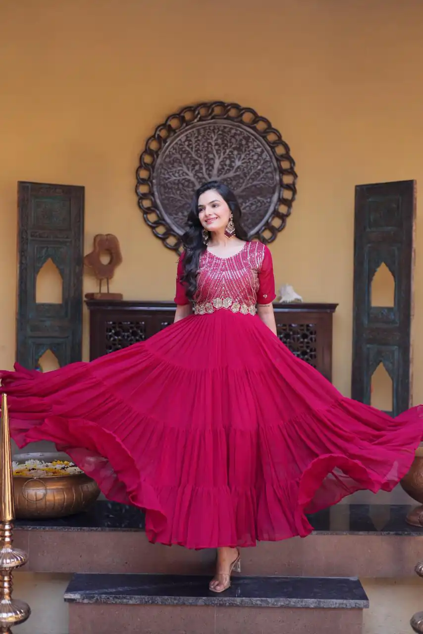 KA 1255 Pink Faux Blooming Gown with Embroidery Work & Zari Work. Available at ₹1719 only. Delivery 4-6 Working Days. Shop now. | Bollywood Gowns, Creative Gowns, Designer Gowns, Embroidered Gowns, Gowns, Party Wear Gowns