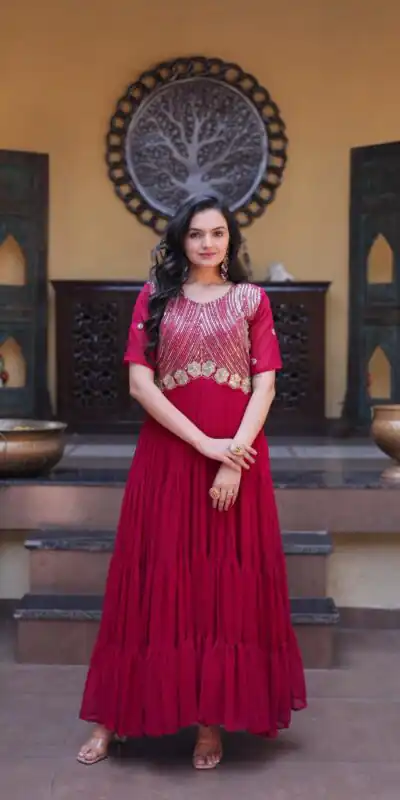 KA 1255 Pink Faux Blooming Gown with Embroidery Work & Zari Work. Available at ₹1719 only. Delivery 4-6 Working Days. Shop now. | Bollywood Gowns, Creative Gowns, Designer Gowns, Embroidered Gowns, Gowns, Party Wear Gowns