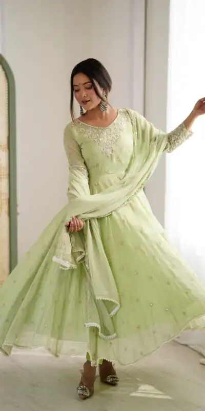 ZF 5012 Pista Blooming Faux Gown with Embroidery Work. Wedding, Party, Festive, Events Grab it for ₹2149. Delivery 4-6 Working Days. Shop now. | Anarkali Suits, Bollywood Anarkali, Creative-Anarkali, Designer Anarkali, Embroidered Anarkali, Party Wear Anarkali