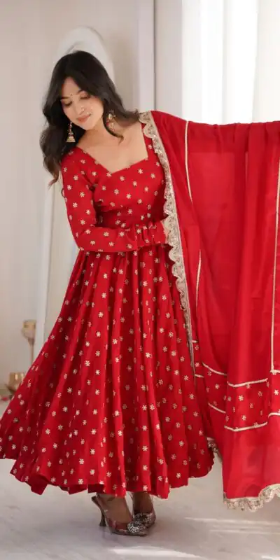 KD 1630 Red Zari Work & Embroidery Work Salwar Suit in Red Chinon Silk. Grab it for ₹2499. Delivery 4-6 Working Days. Shop now. | Anarkali Suits, Bollywood Anarkali, Creative-Anarkali, Designer Anarkali, Embroidered Anarkali, Party Wear Anarkali, Salwar suit