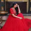 KA 1255 Red Faux Blooming Gown with Embroidery Work & Zari Work. Available at ₹1719 only. Delivery 4-6 Working Days. Shop now. | Bollywood Gowns, Creative Gowns, Designer Gowns, Embroidered Gowns, Gowns, Party Wear Gowns