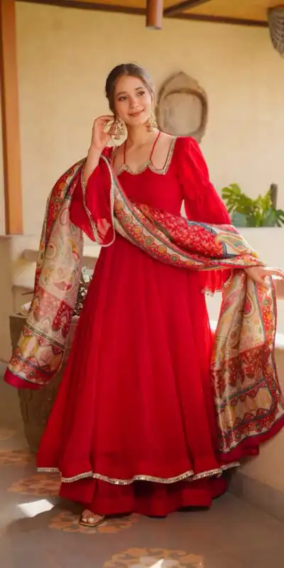 RTC 6045 Red | Red Tabby Silk Salwar Suit with Mirror Work & Digital Print. Available at ₹2049 only. Delivery 4-6 Working Days. Shop now. | Anarkali Suits, Bollywood Anarkali, Creative-Anarkali, Designer Anarkali, Embroidered Anarkali, Party Wear Anarkali, Salwar suit