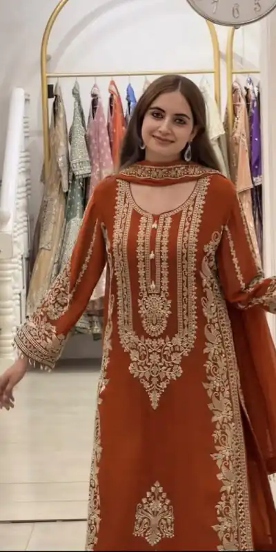 SR 1716 Rust Colour Faux Georgette Salwar Suit with Lace Work. Introductory Price ₹2449. Delivery 4-6 Working Days. Shop now. | Jump Suits, Straight Suits, Casual Suits, Creative suits, Designer Suits, Palazzo Suits, Party Wear Suits, Patiala Suits, Salwar suit
