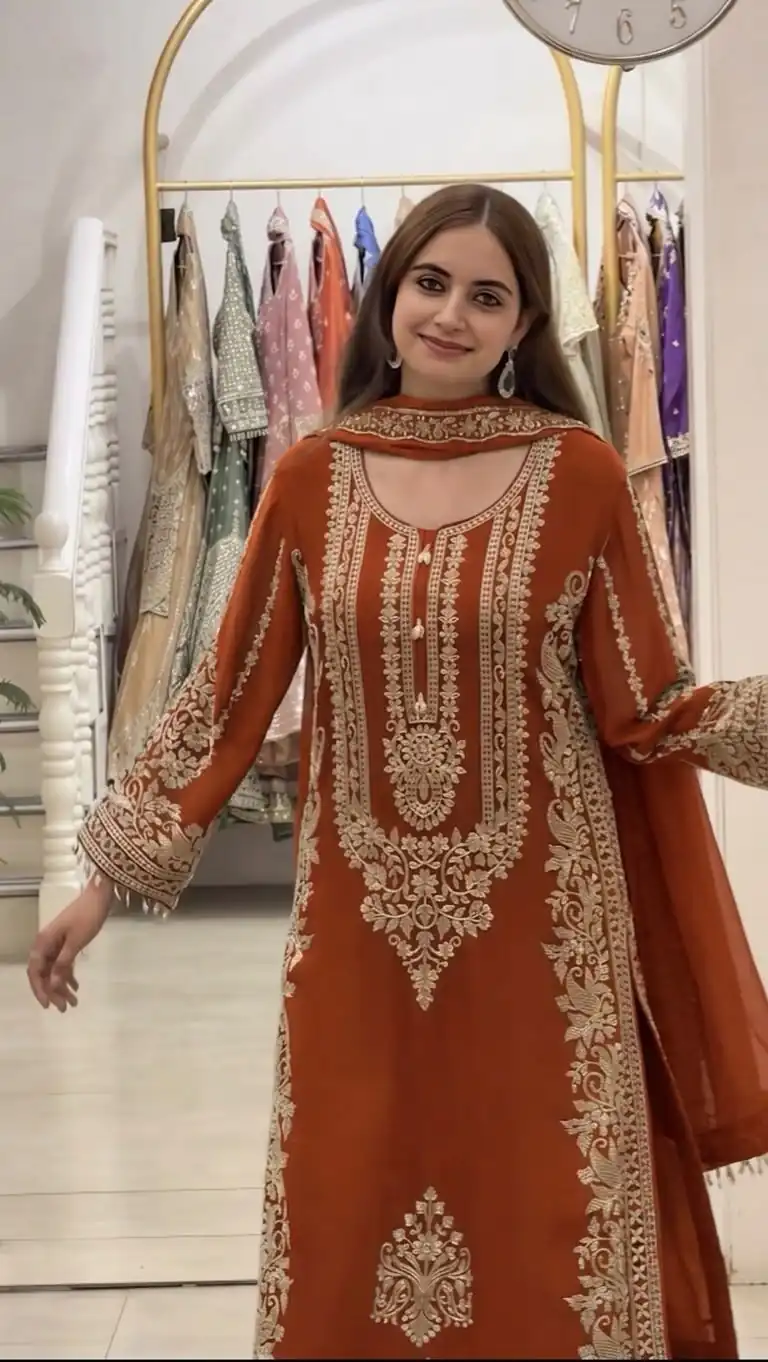 SR 1716 Rust Colour Faux Georgette Salwar Suit with Lace Work. Introductory Price ₹2449. Delivery 4-6 Working Days. Shop now. | Jump Suits, Straight Suits, Casual Suits, Creative suits, Designer Suits, Palazzo Suits, Party Wear Suits, Patiala Suits, Salwar suit